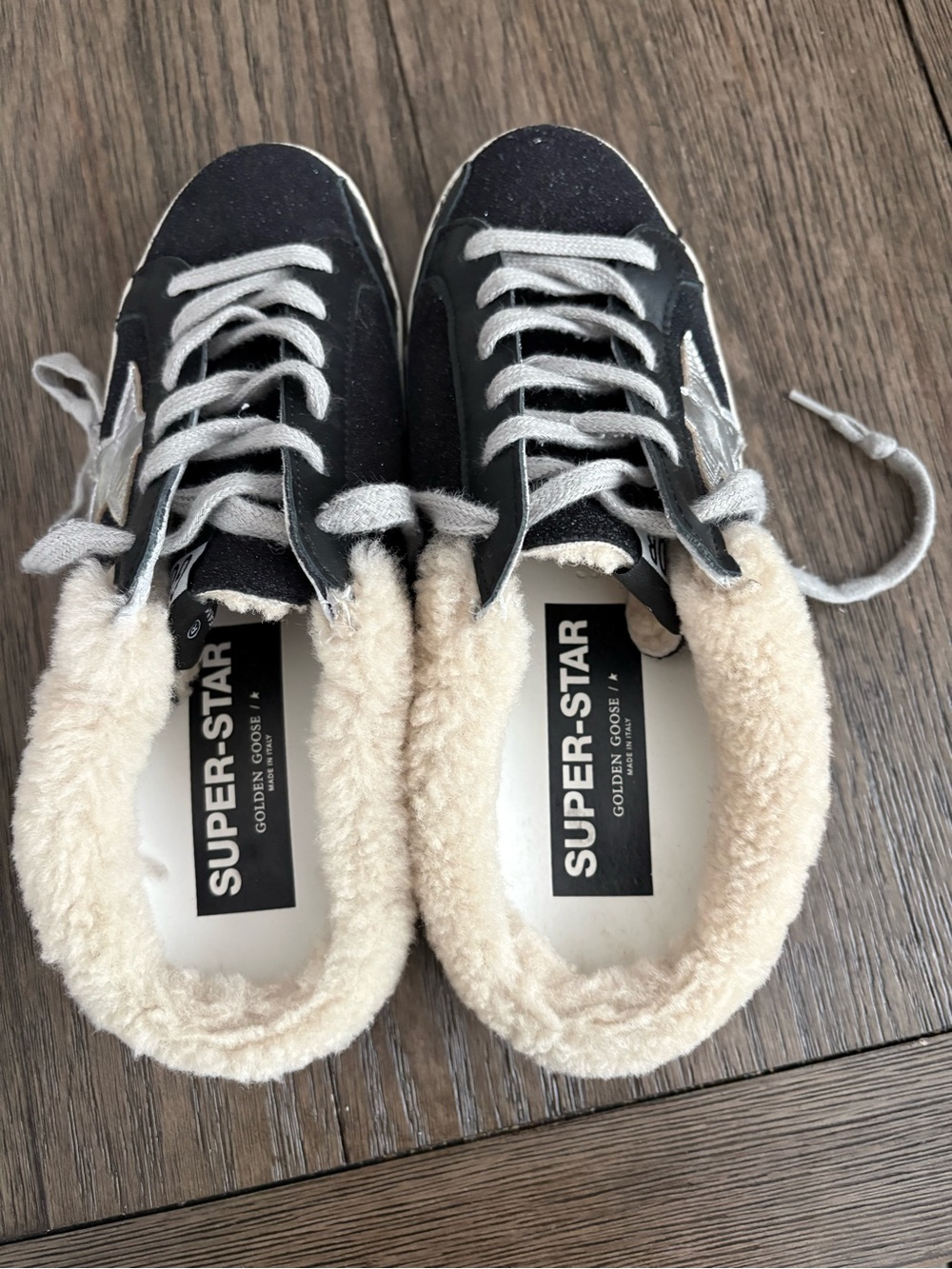 Golden Goose Black Star Sneakers with Cream Shearling Collar - Picture 2 of 7